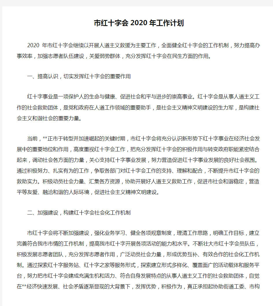 市红十字会2020年工作计划