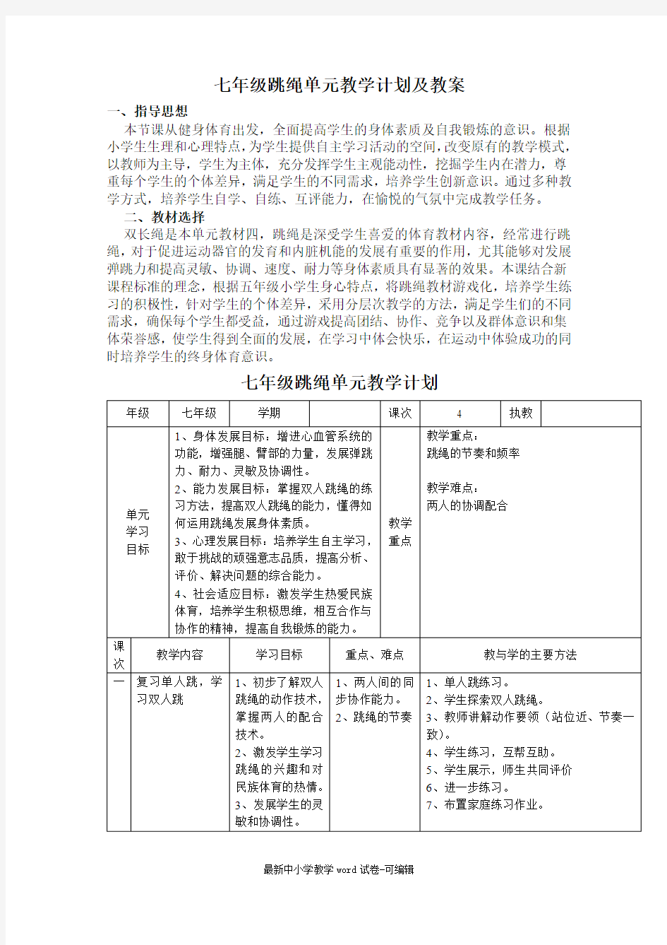 七年级跳绳单元教学计划及教案 (1)