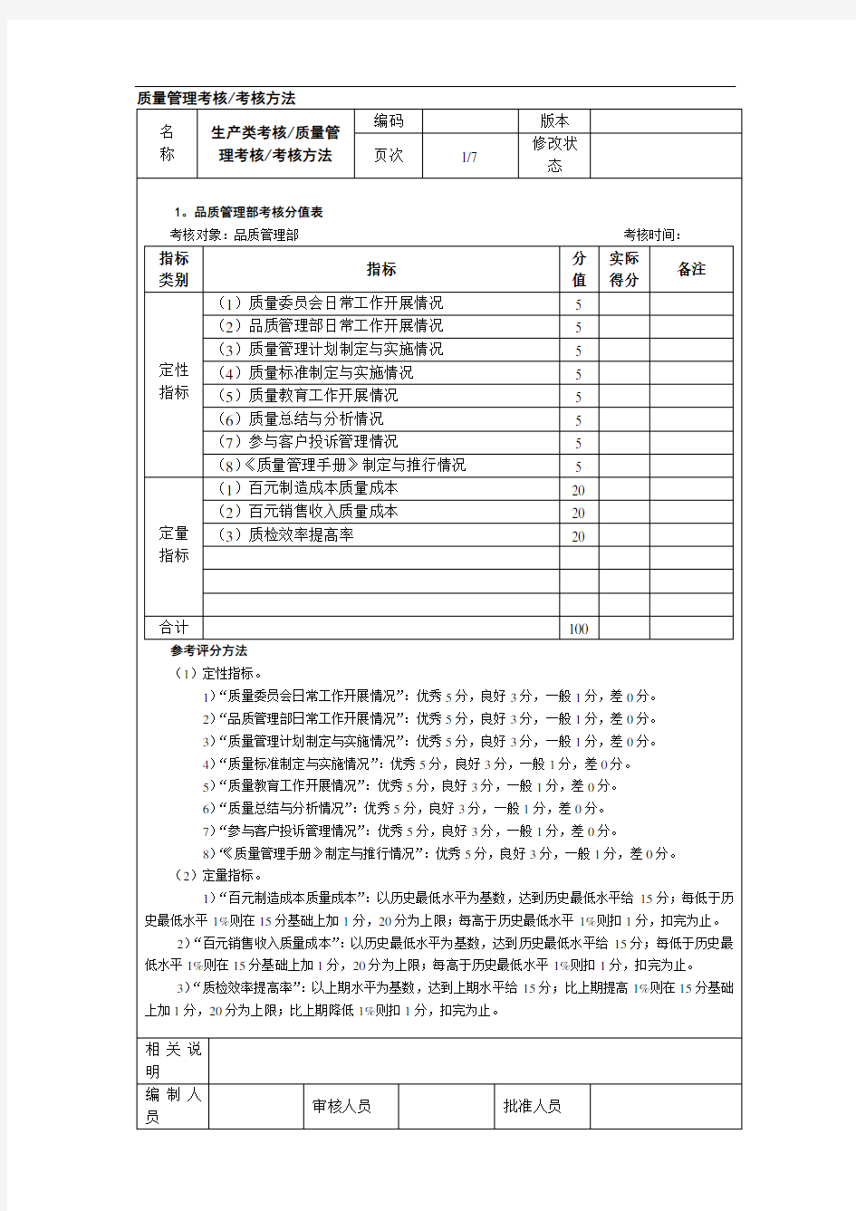 质量管理考核考核方法