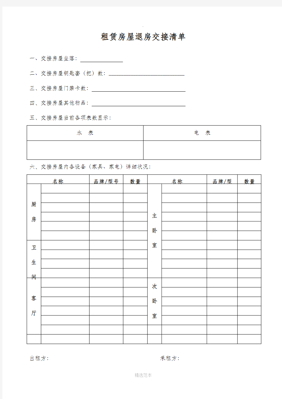 租赁房屋交接清单69054