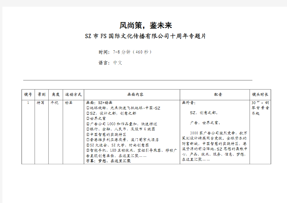 广告公司十周年专题片脚本