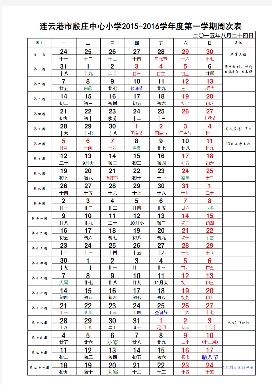 连云港市殷庄中心小学2015-2016学年度第一学期周次表srq