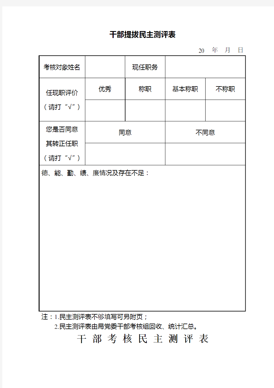 干部提拔民主测评表