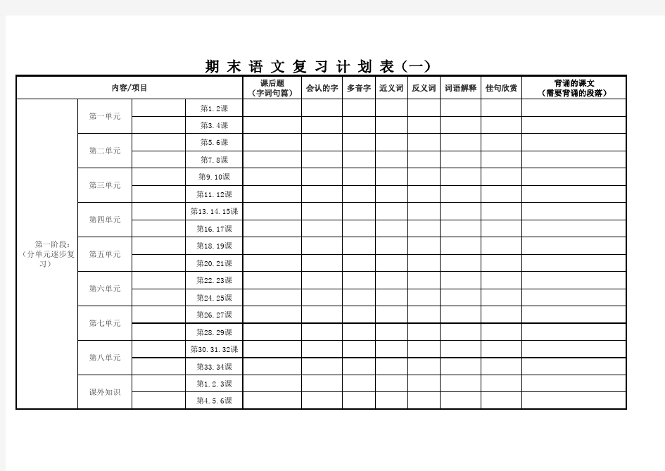 小学生期末复习计划表