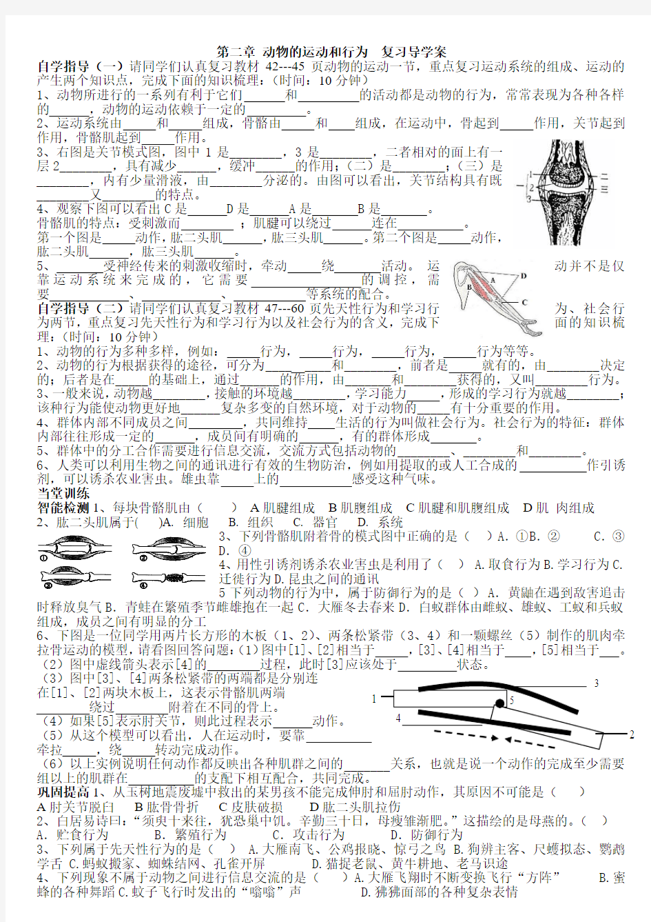 新人教版第二章动物的运动和行为复习学案