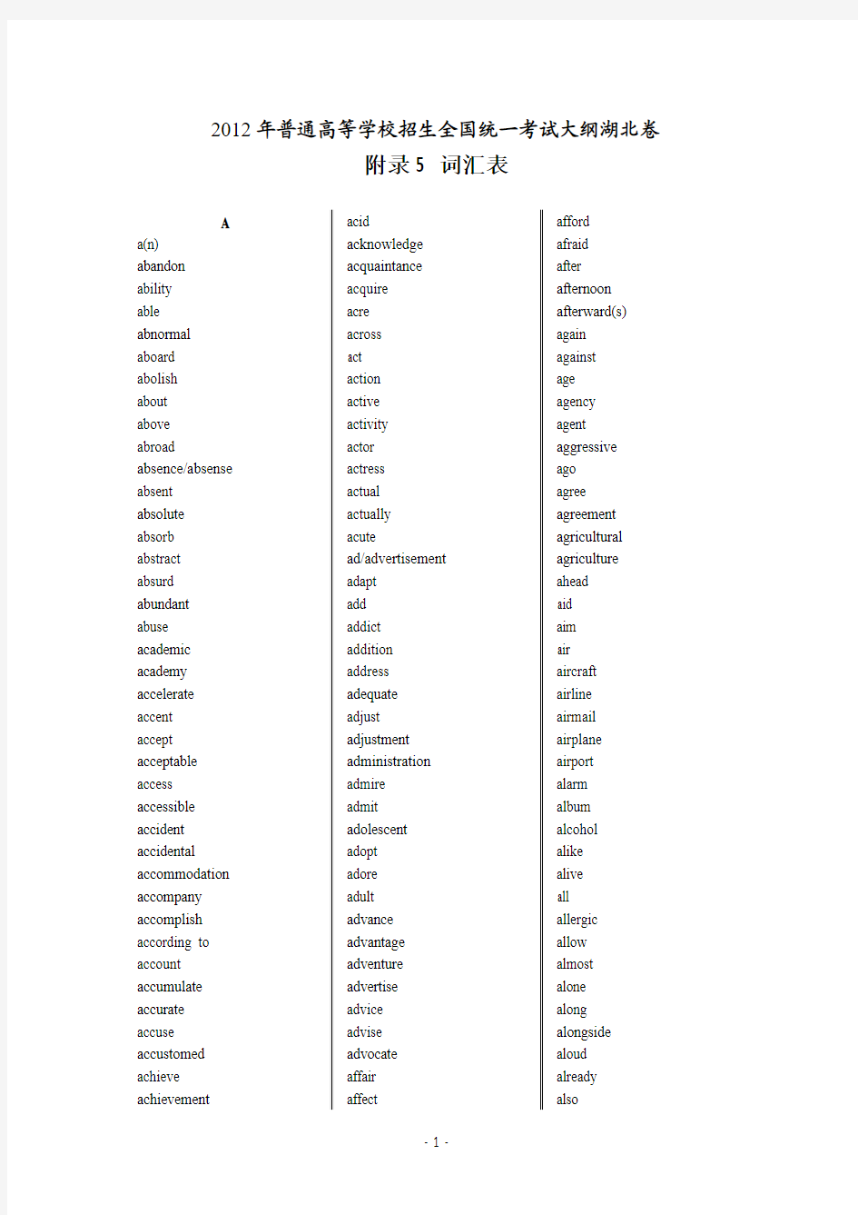 2012年高考英语词汇表