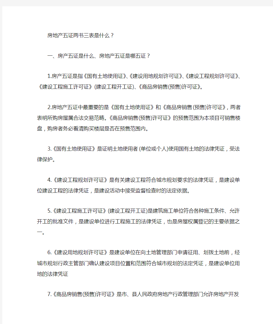 房地产五证两书三表是什么