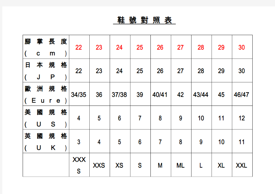 鞋号对照表：