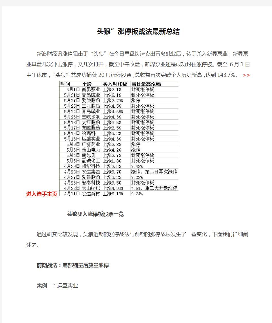 头狼”涨停板战法最新总结