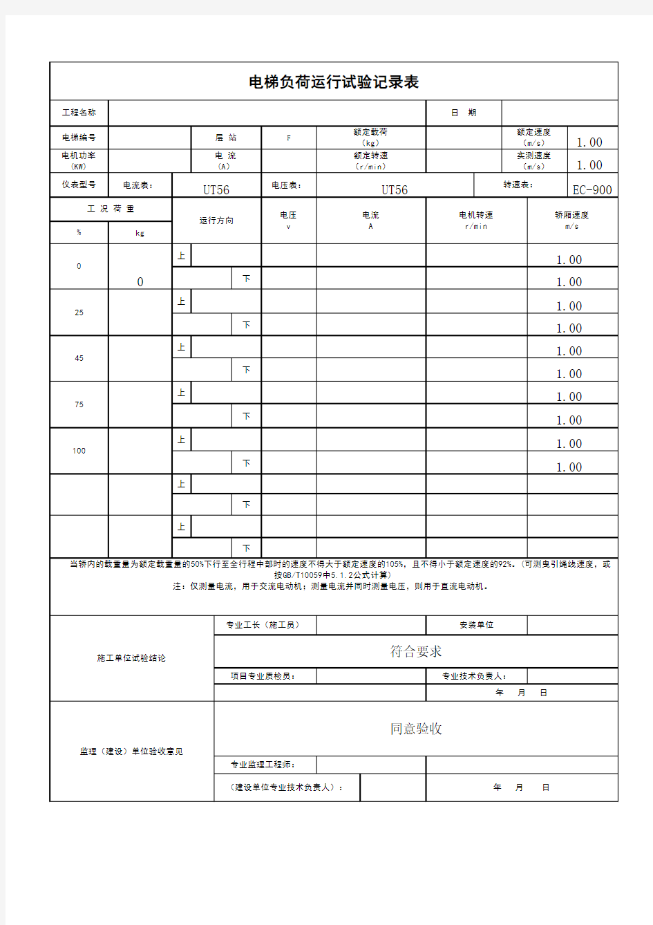 电梯负荷运行试验记录表(1#)