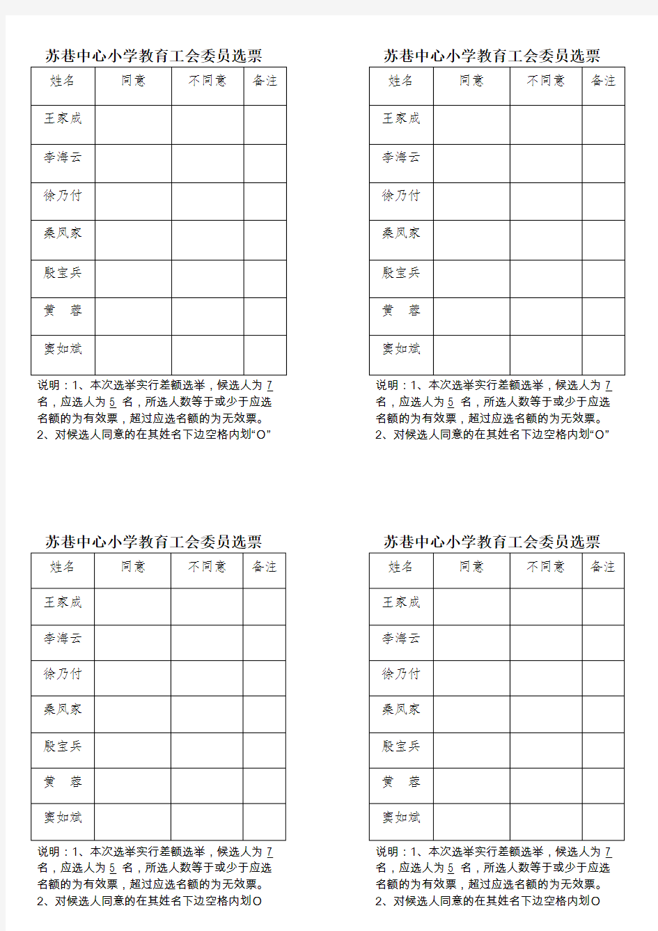 代表推荐票、选票(式样)