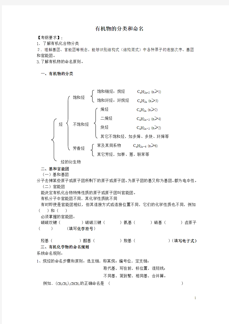 有机物的分类命名