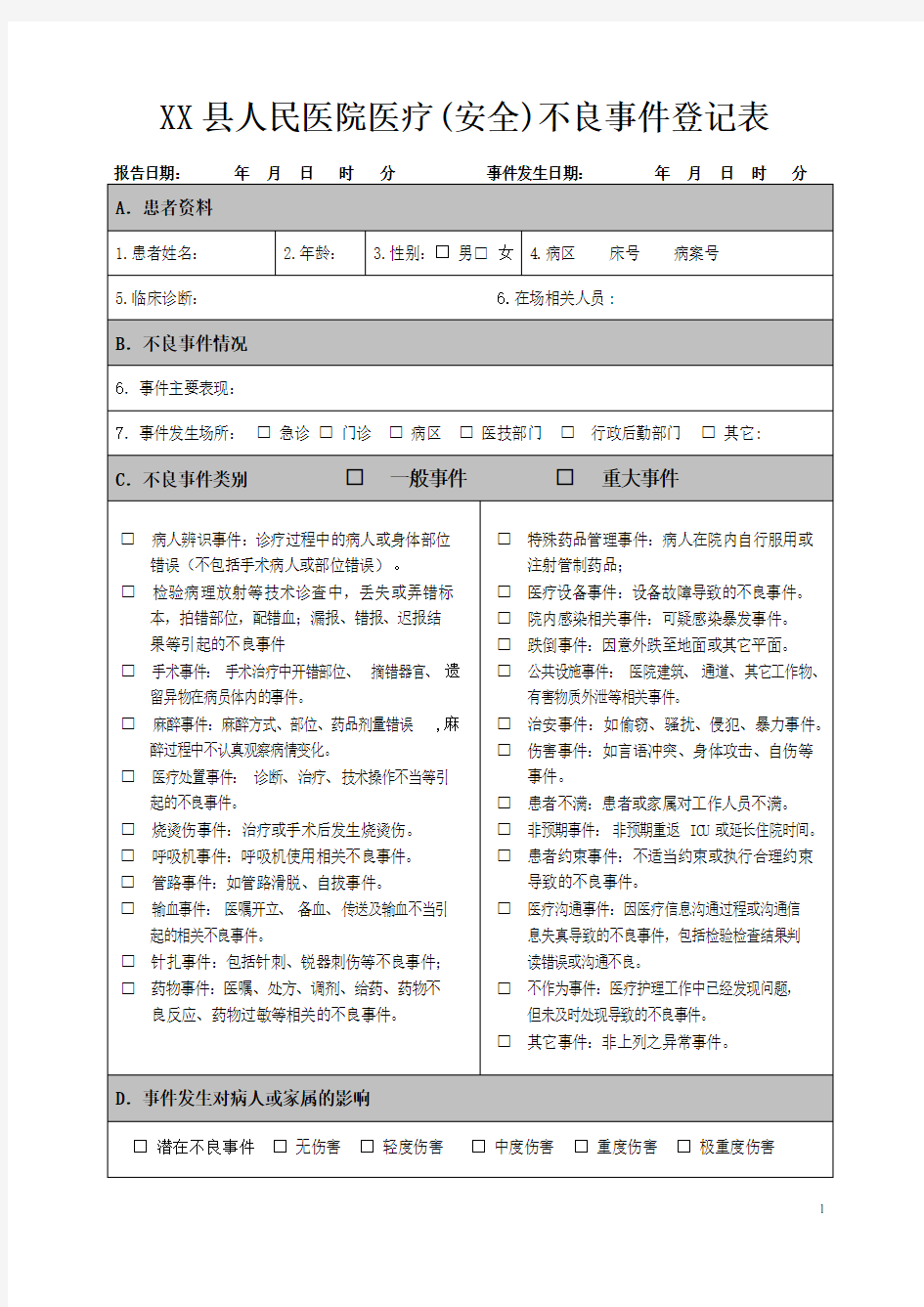 医疗(安全)不良事件登记表