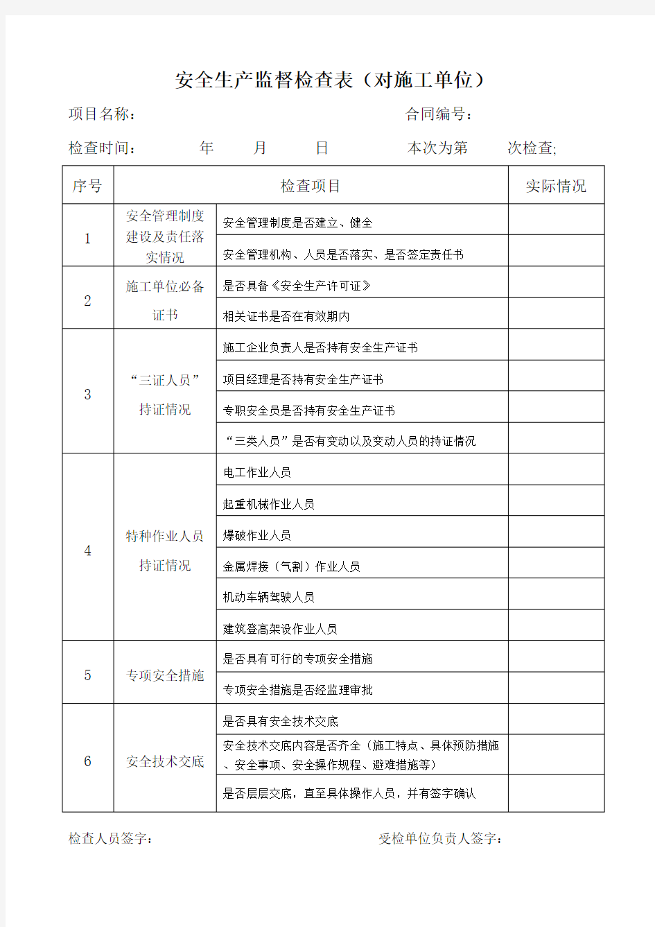 安全生产监督检查表(新版本)