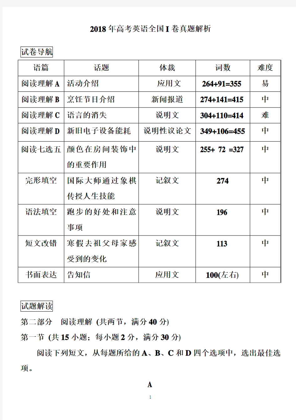 2018高考英语新课标卷1详解解密出处版