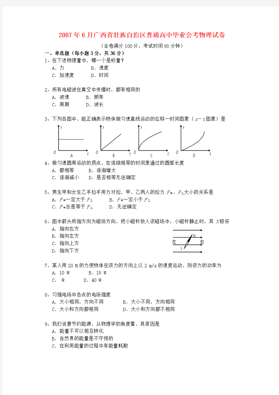 高中物理毕业会考试卷旧人教版