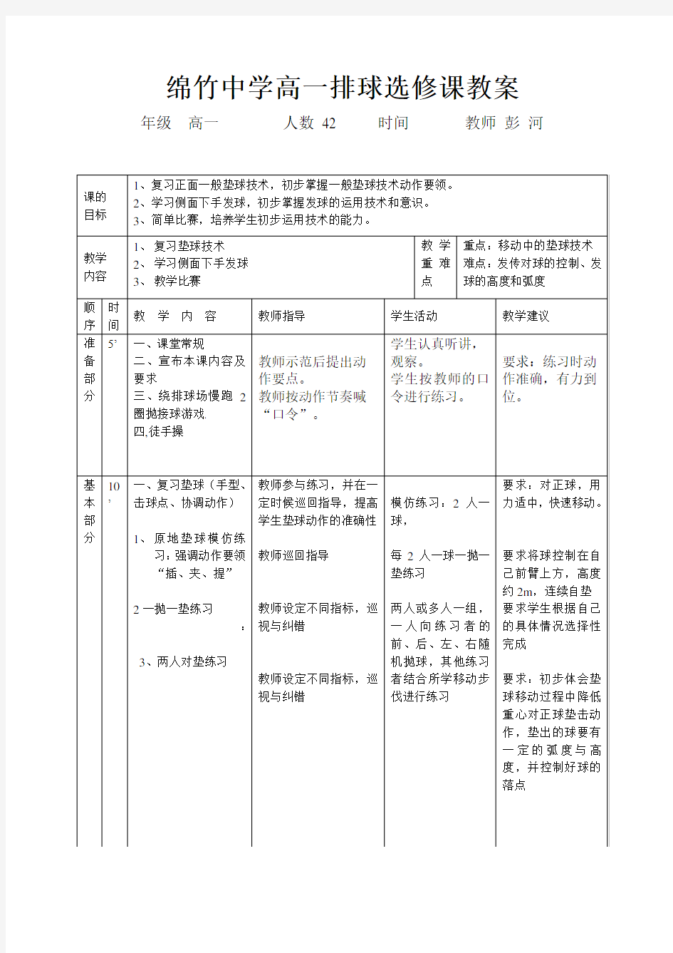 绵竹中学高一排球选修课教案