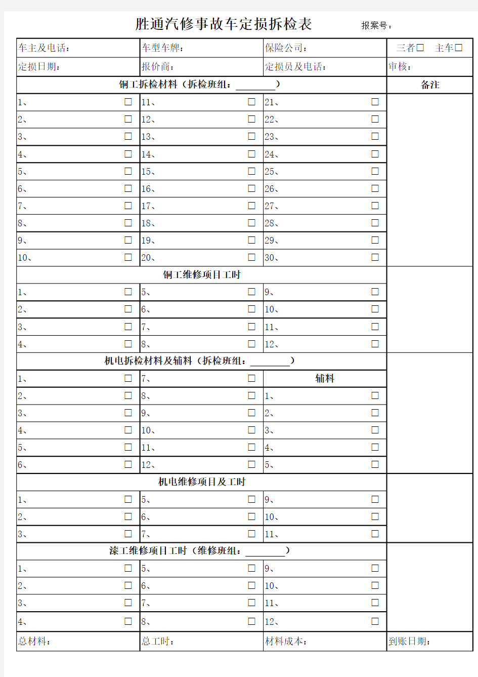 事故车辆定损表