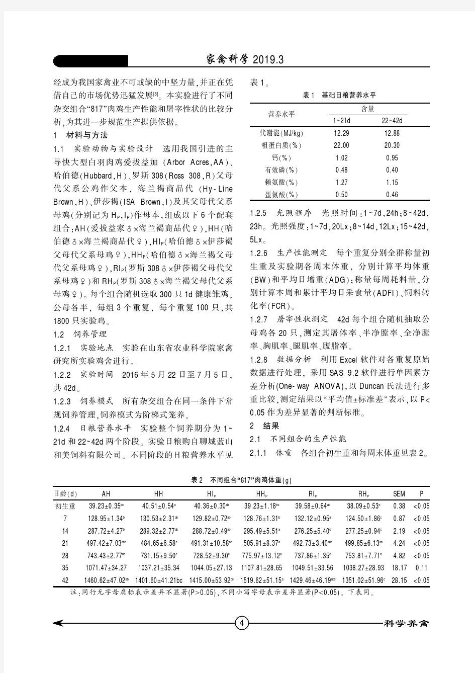 不同杂交组合“817”肉鸡生产性能与屠宰性状的研究