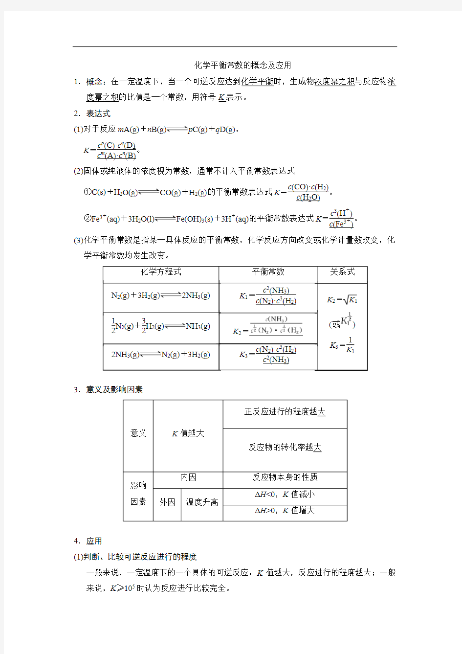 化学平衡常数的概念及应用