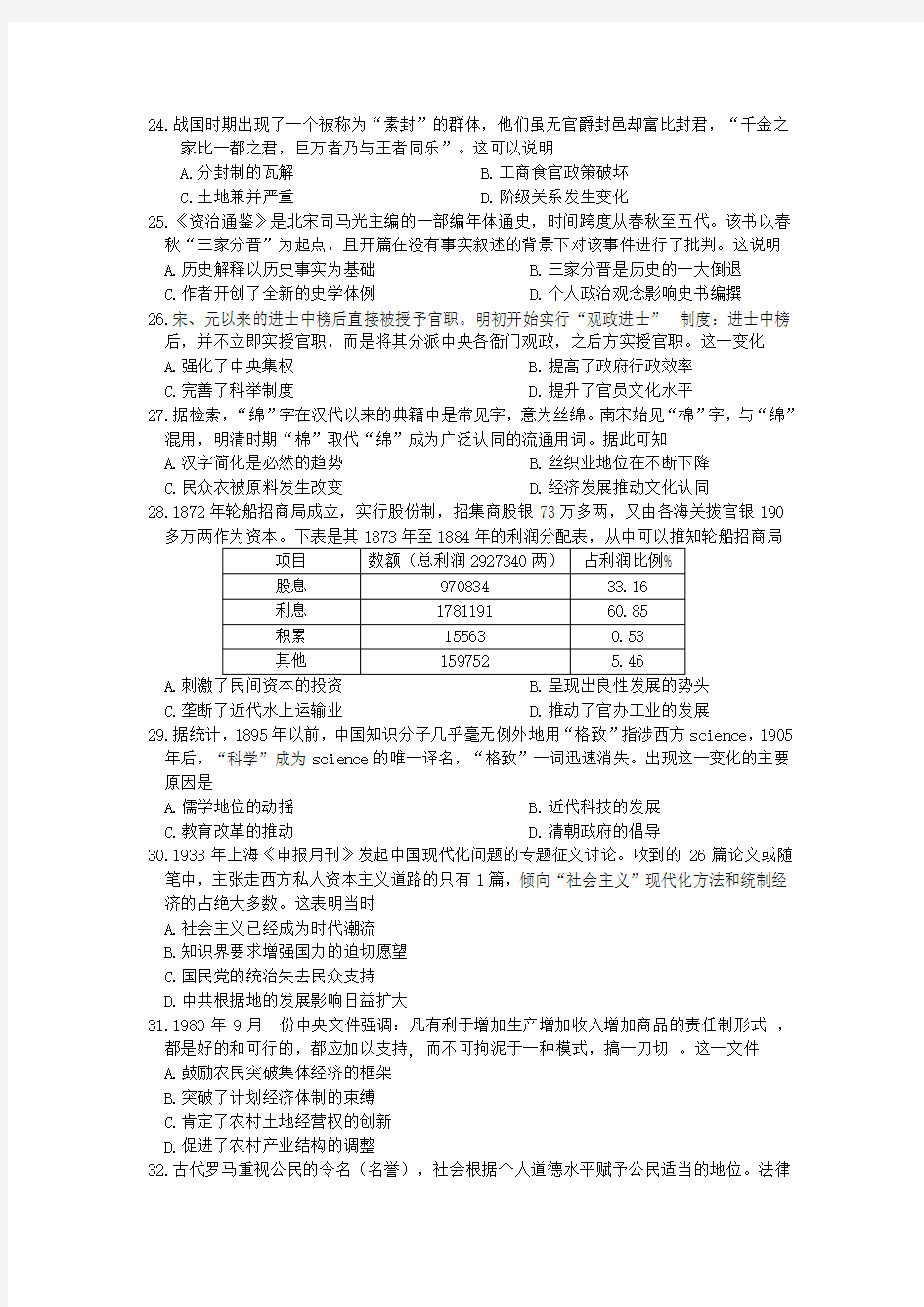 惠州市2019届高三第二次调研考试 文科综合 历史试题