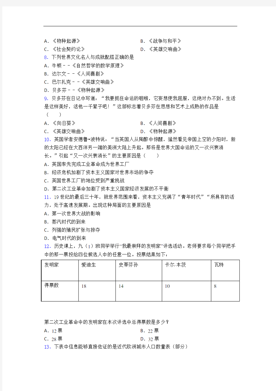 【冲刺卷】中考九年级历史下第二单元第二次工业革命和近代科学文化第一次模拟试题附答案