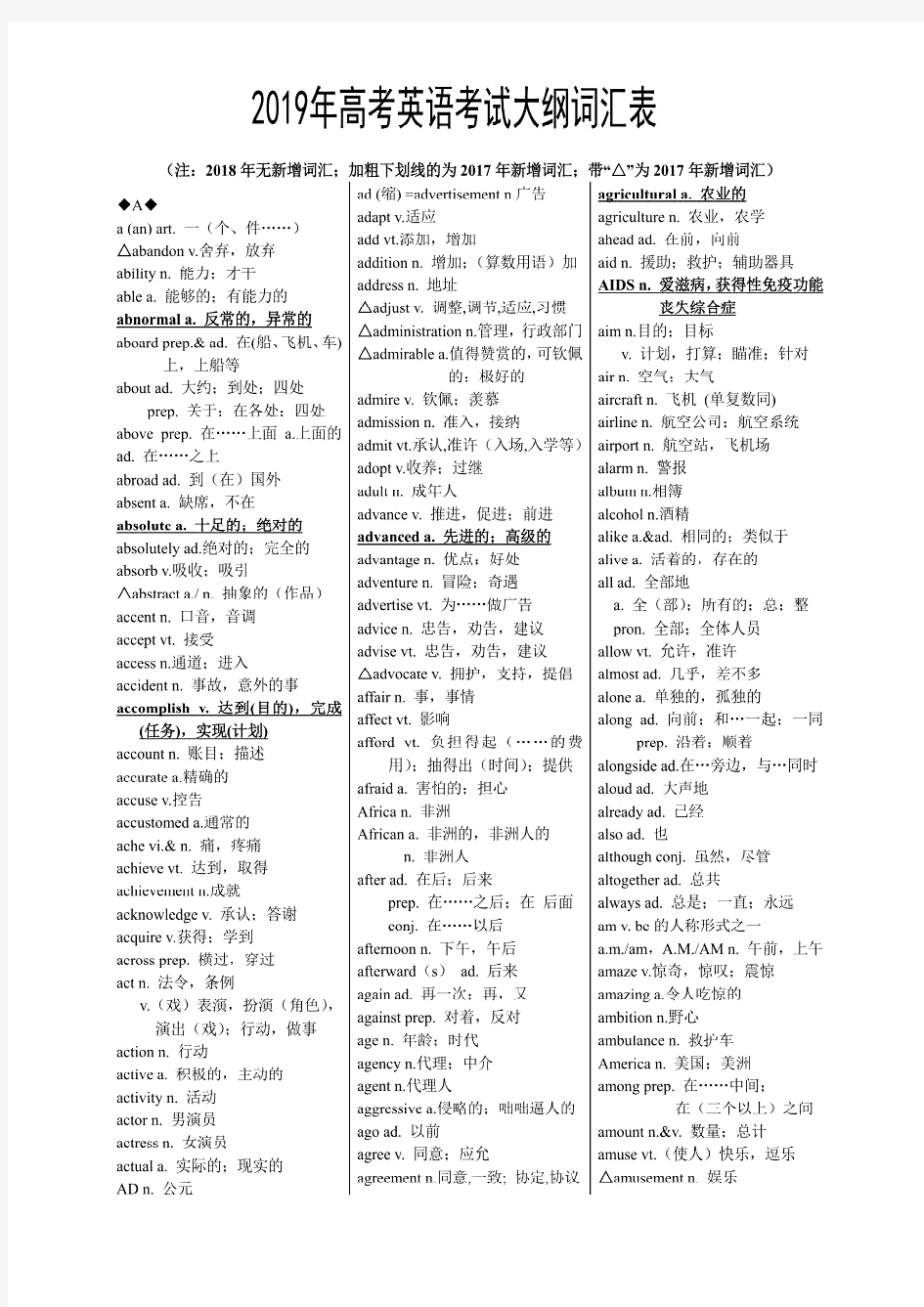 2019年高考英语考试大纲词汇表(默写自查版极品)