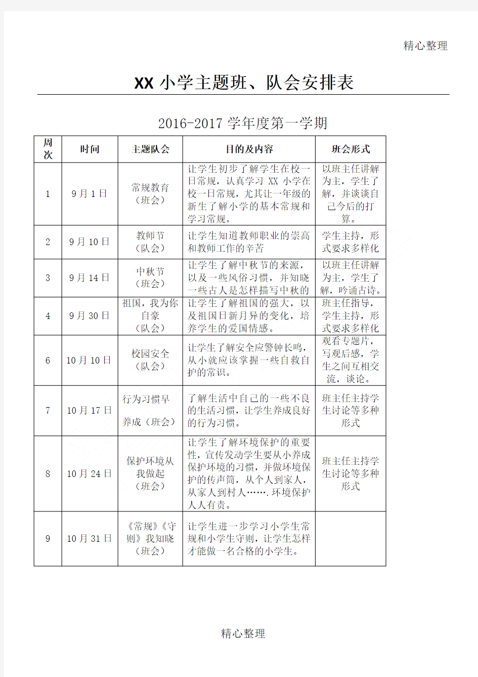 小学2016年上学期主题班会安排表