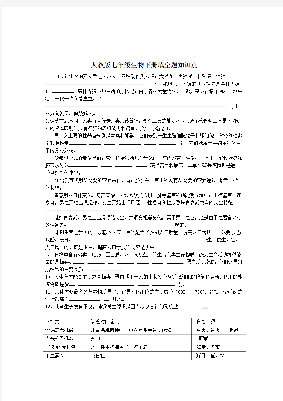 人教版七年级生物下册填空题知识点