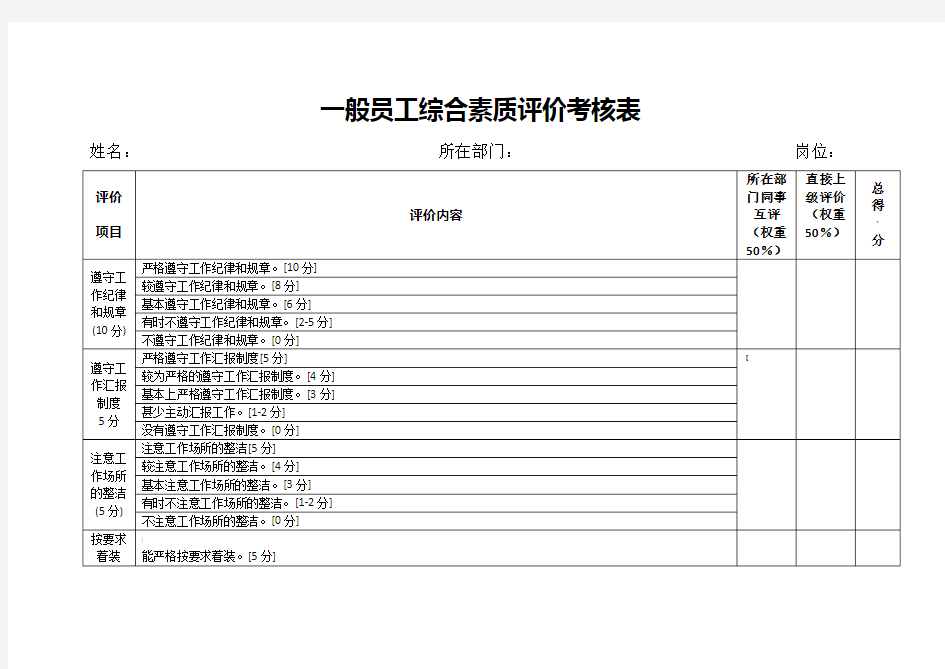 一般员工综合素质评价考核表