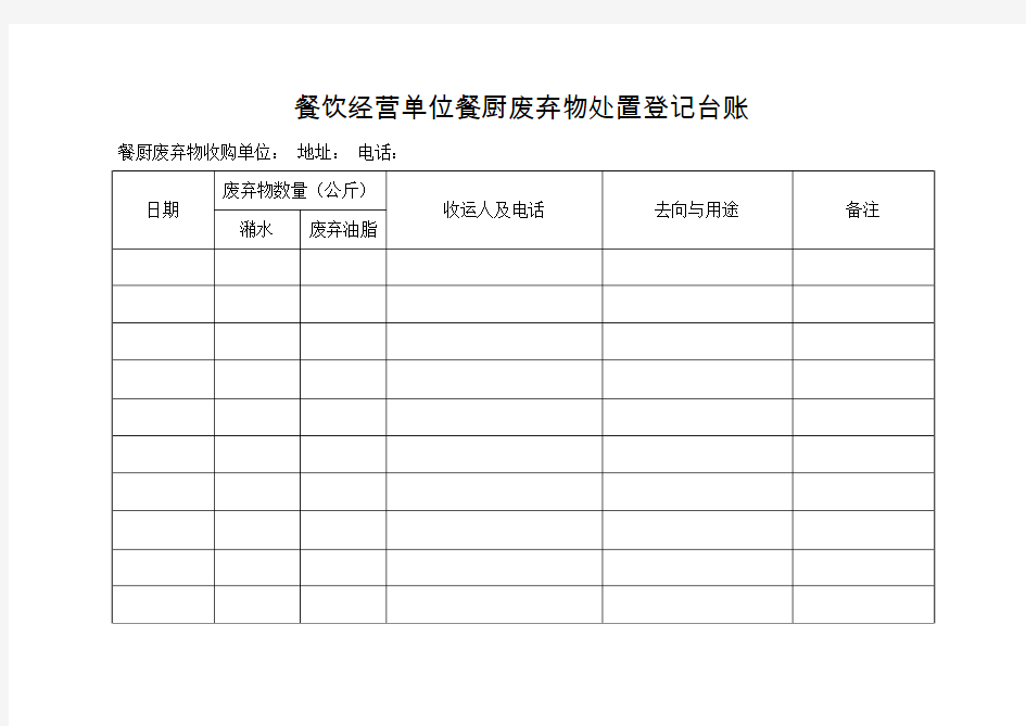 餐饮经营单位餐厨废弃物处置登记台账