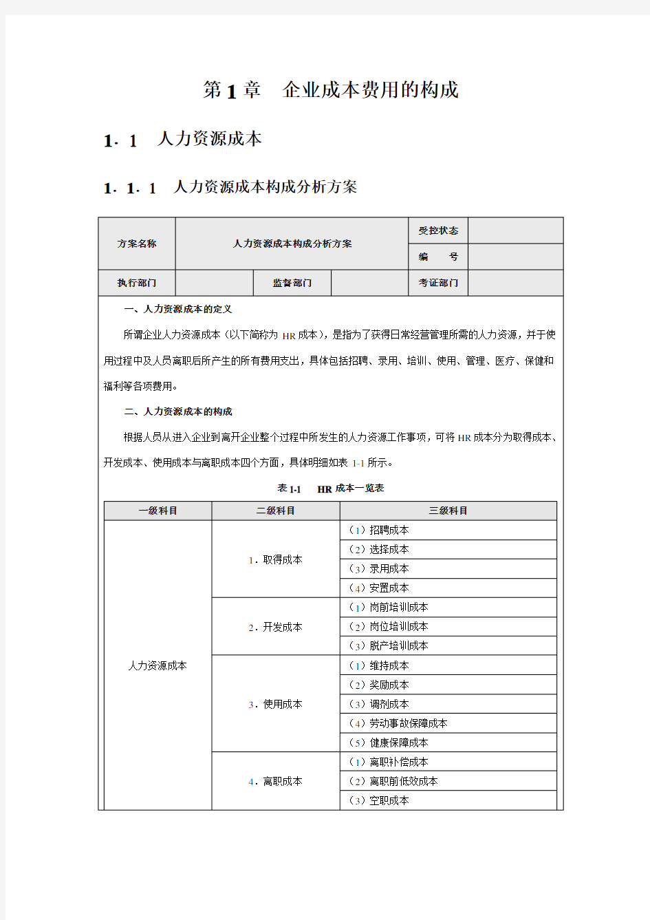 企业人力资源成本费用的构成分析