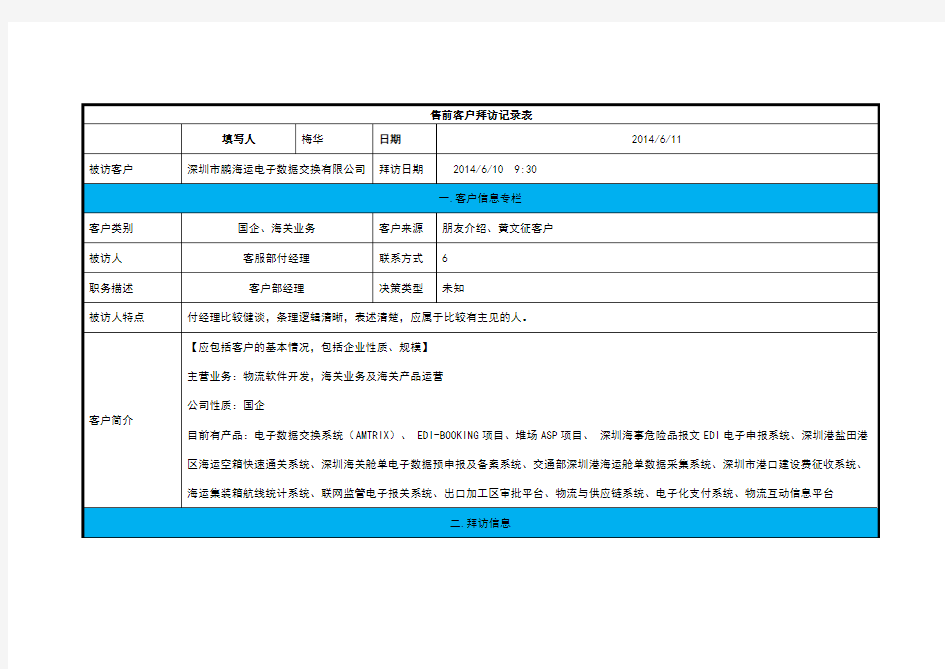 客户拜访记录表(范例)