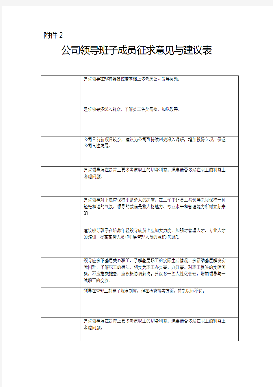 领导班子成员征求意见与建议表