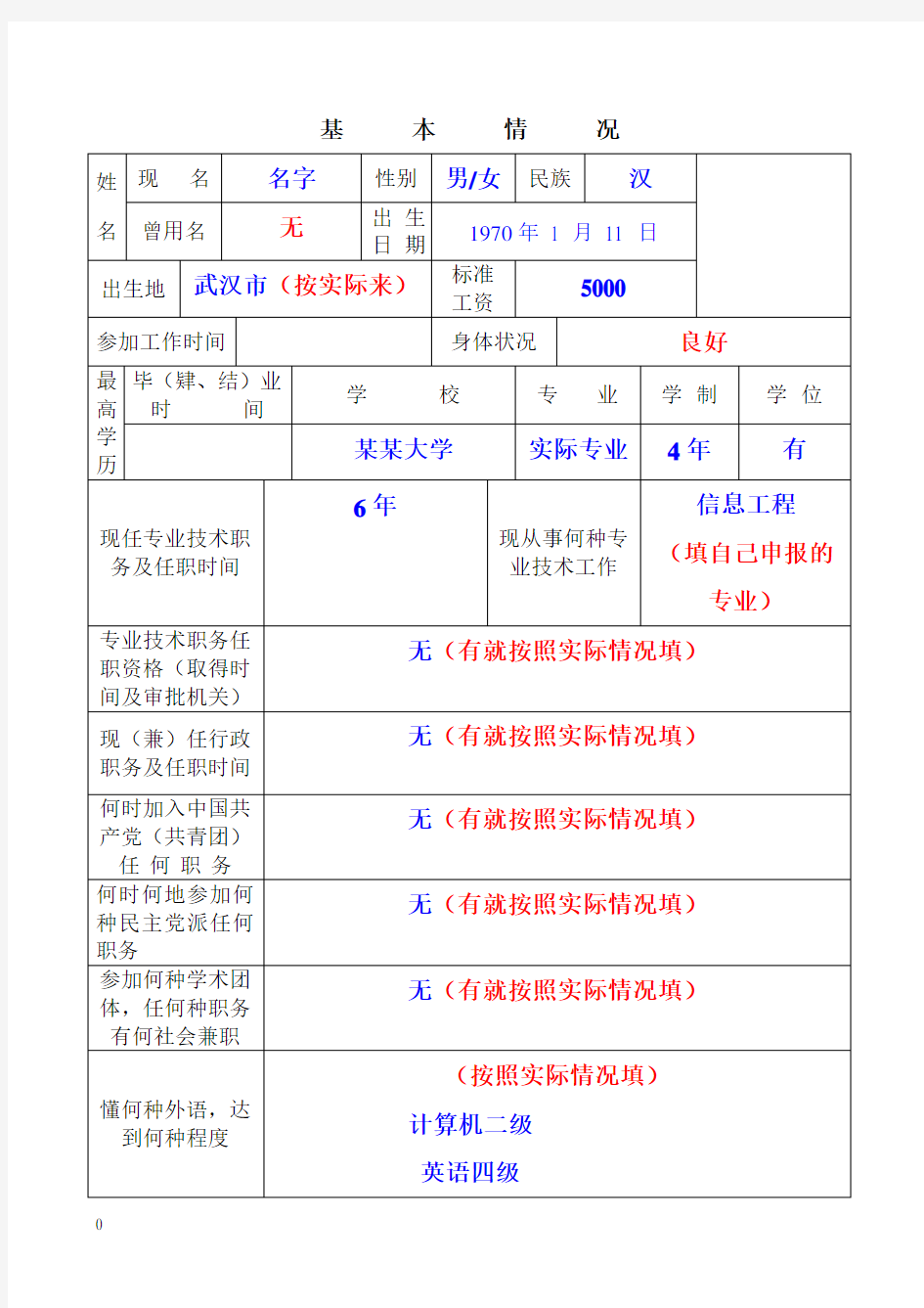 职称评审表填写样本工程师评审表样本中级职称评审表样本