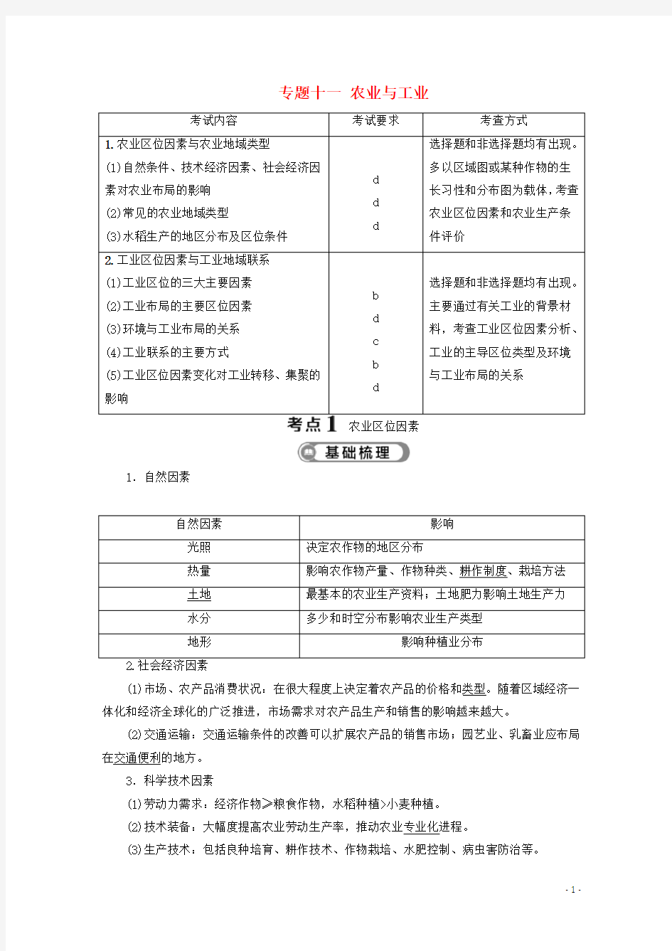 浙江省2020高考地理二轮复习 专题十一 农业与工业教案