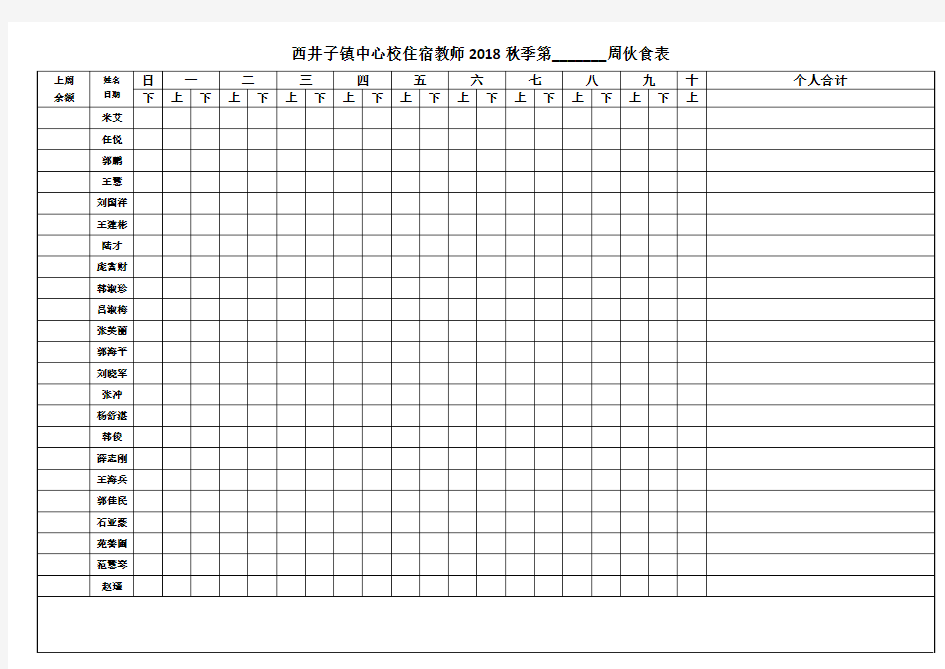 2018春季伙食费表格