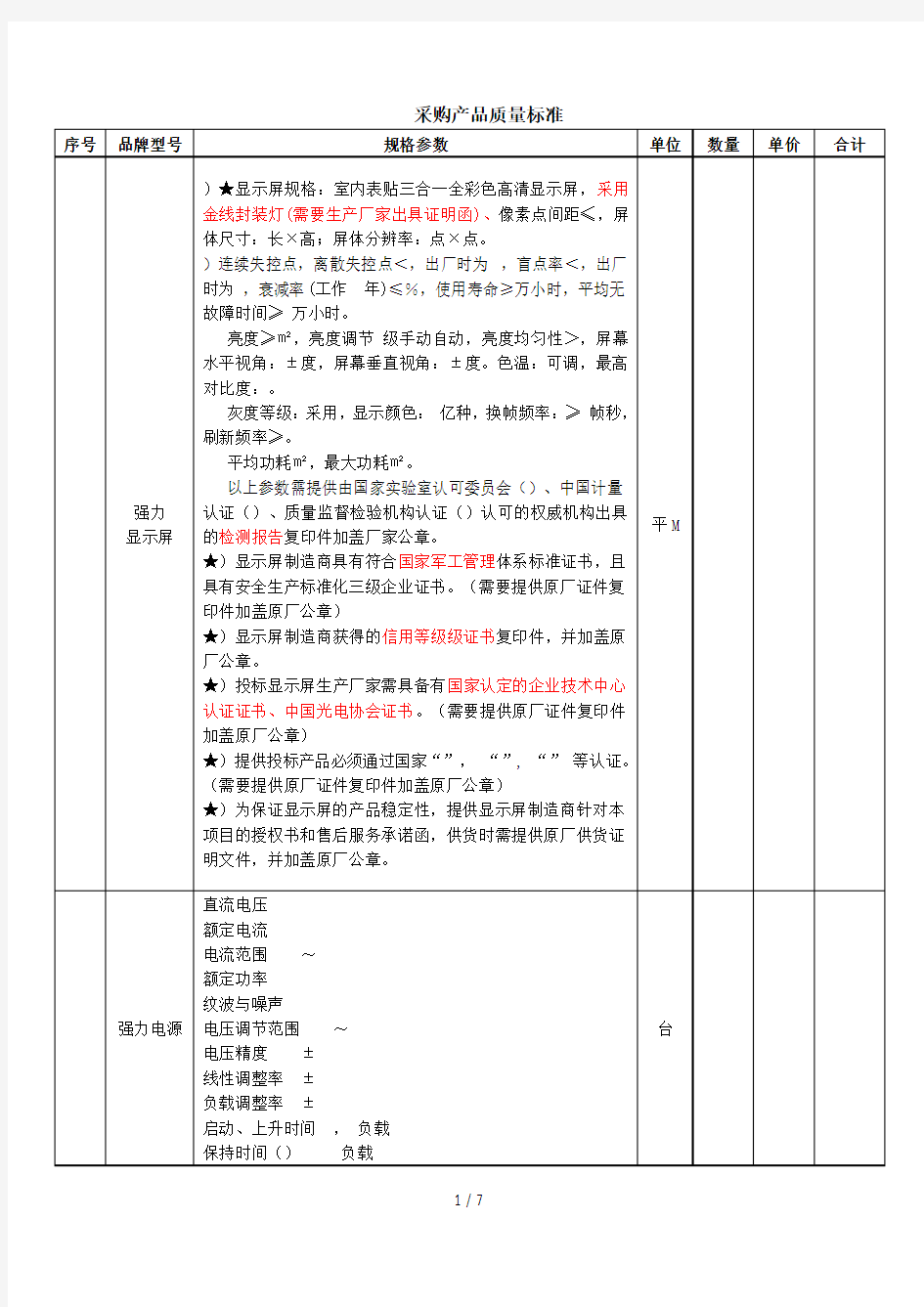 采购产品质量标准