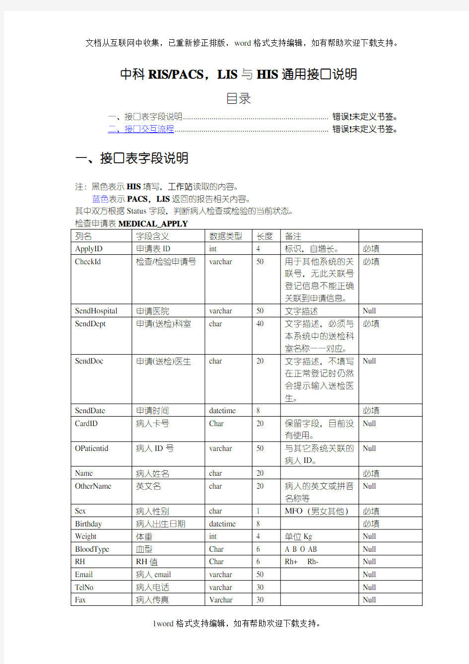 pacsHIS通用接口表说明