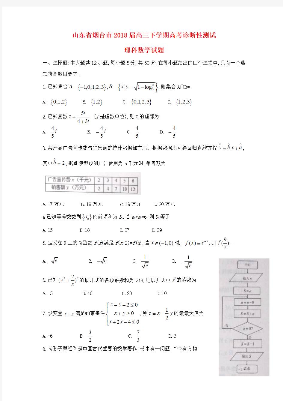 山东省烟台市2018届高三数学下学期诊断性测试试题理201804041212