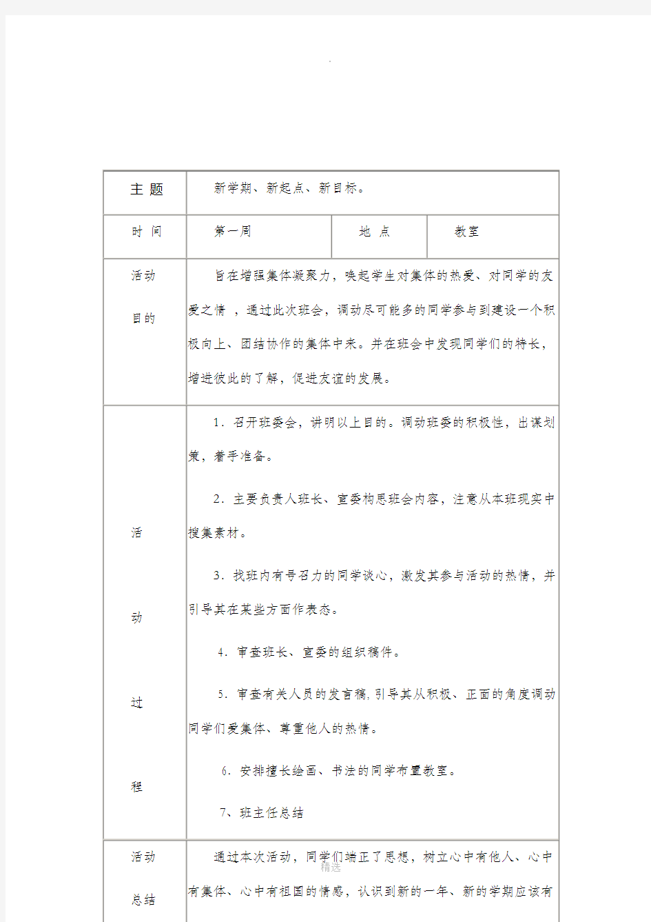 初中班会活动记录