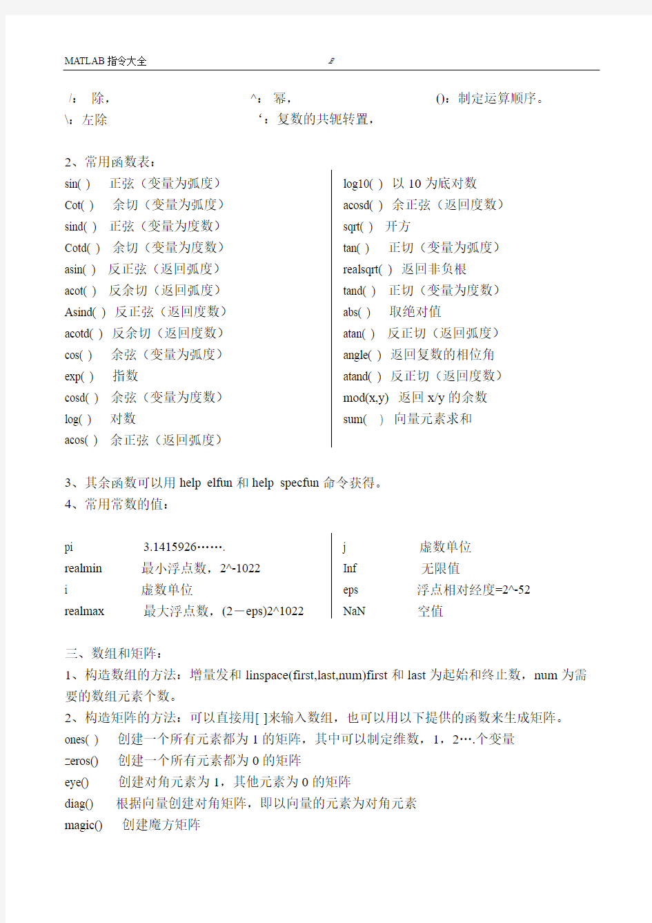 最全的matlab命令整理