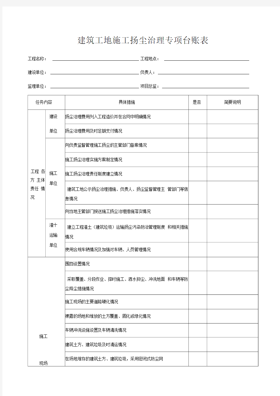 建筑工地施工扬尘治理专项台账表