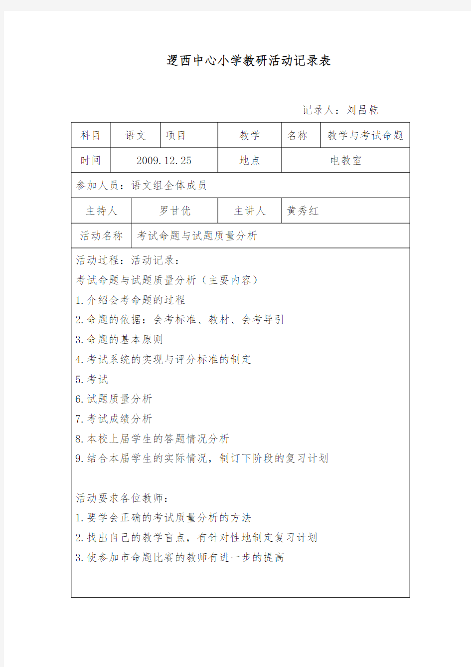 教研活动情况记录表