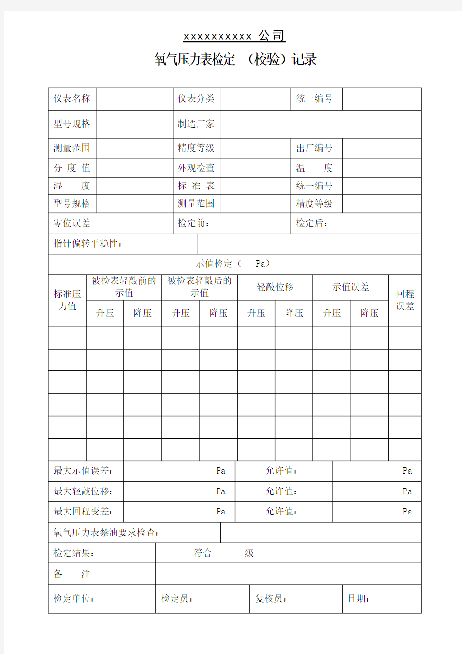 氧气压力表检定记录表