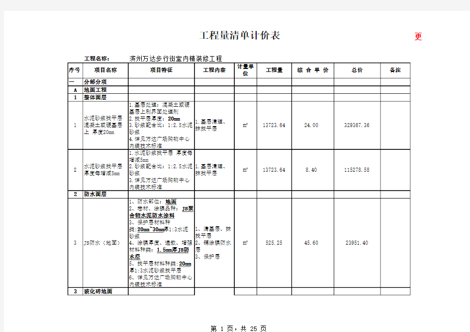 室内精装修工程装饰工程量清单