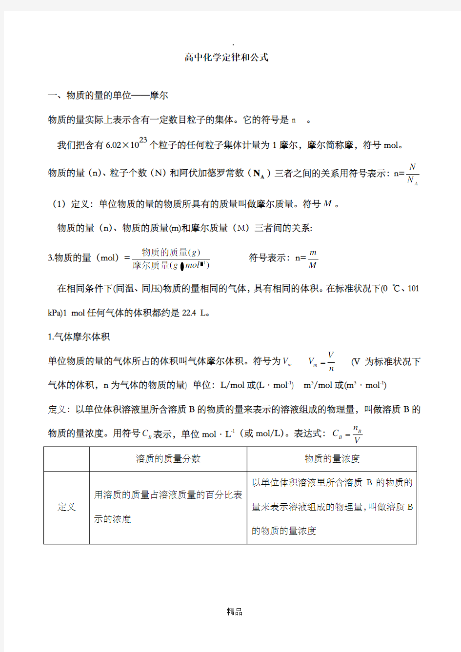 高中化学定律公式