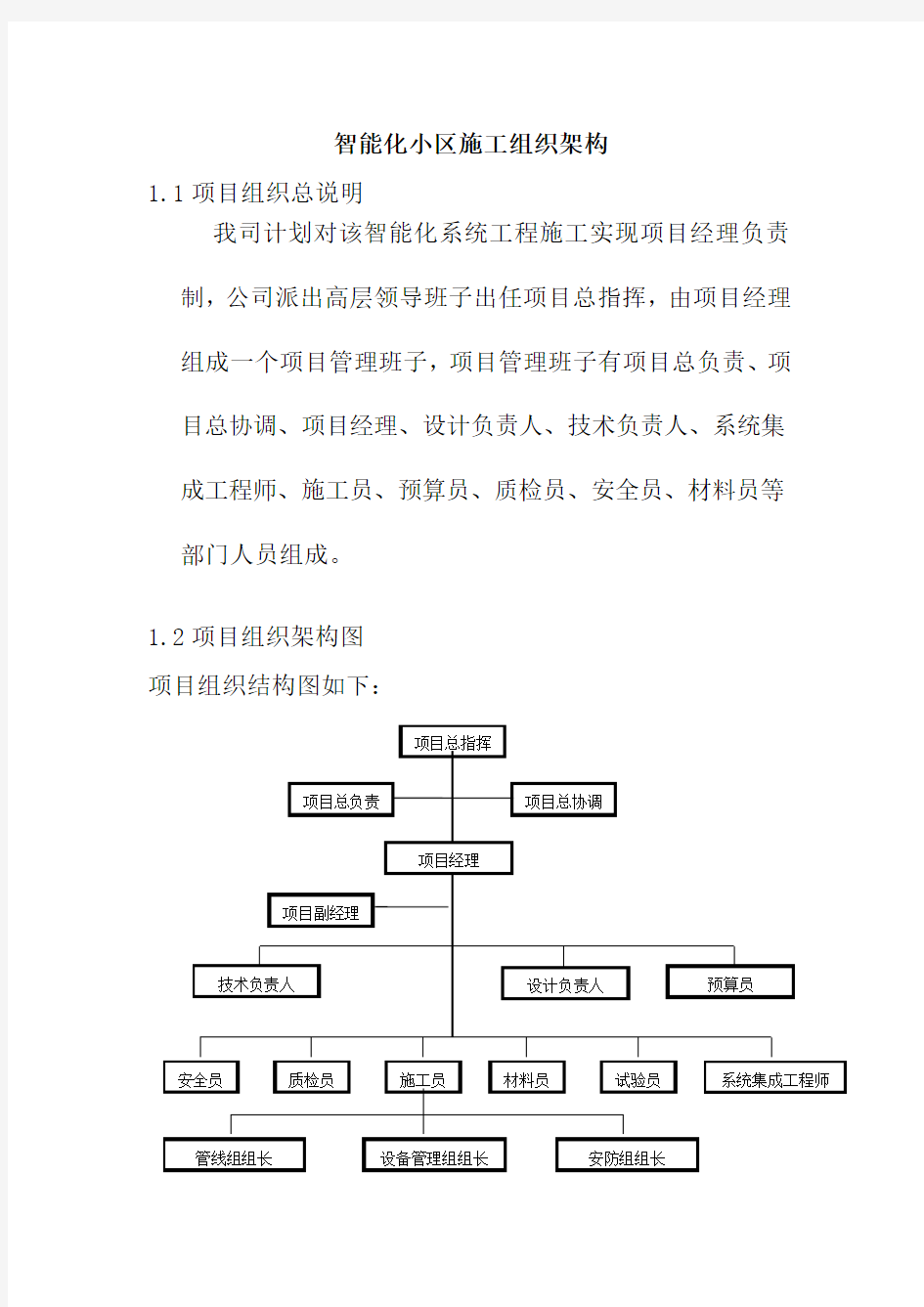 智能化小区施工组织架构