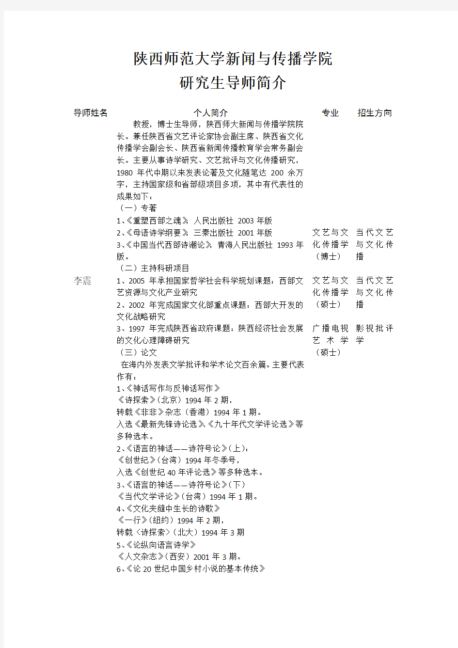 陕西师范大学新闻与传播学院研究生导师简介