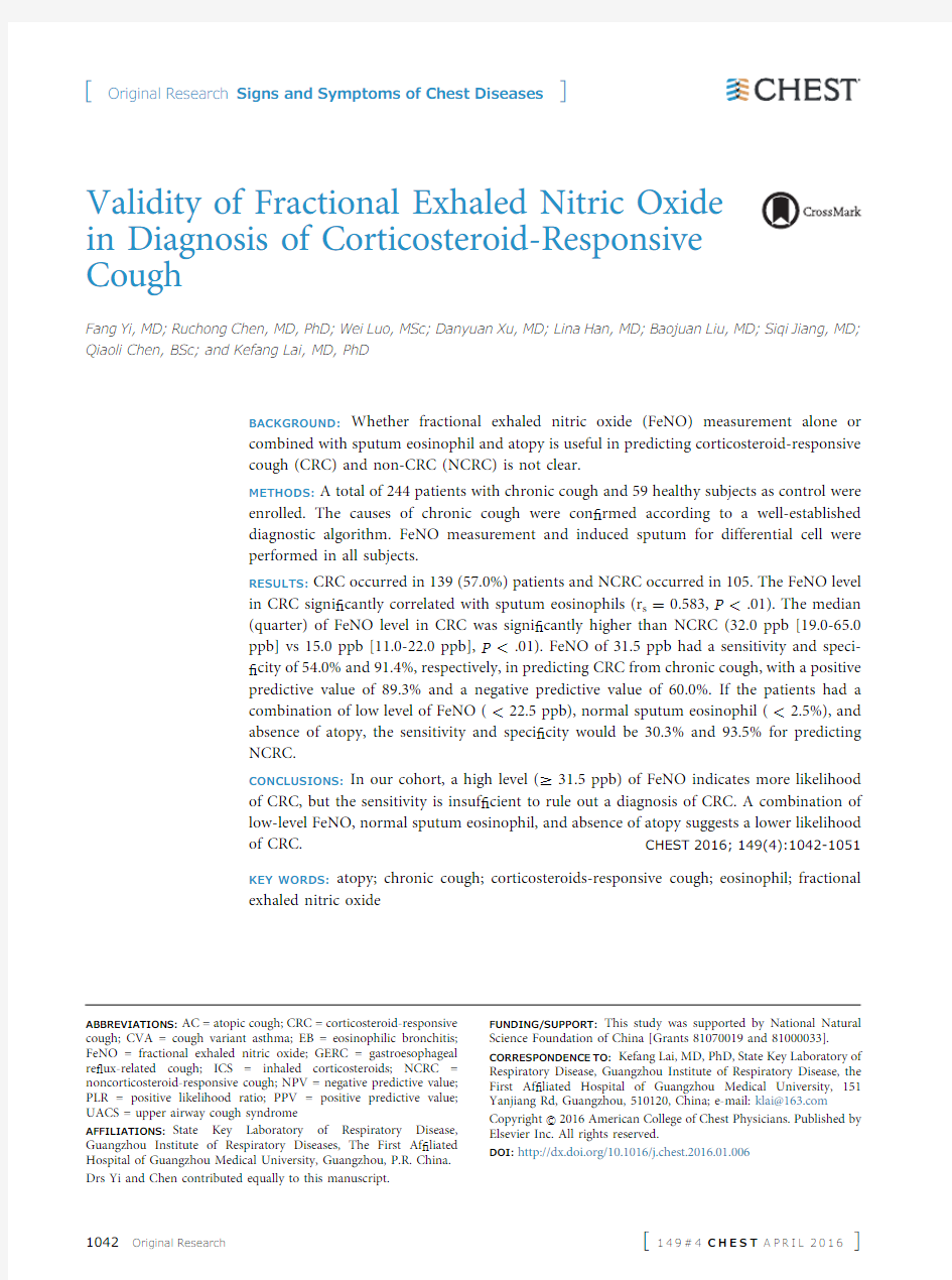 Validity of Fractional Exhaled Nitric Oxide in Diagnosis of Corticosteroid-Responsive Cough.